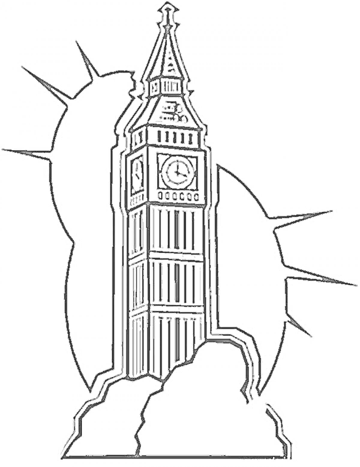 На раскраске изображено: Великобритания, Лондон, Солнце, Облака, Архитектура, Достопримечательности, Биг Бен
