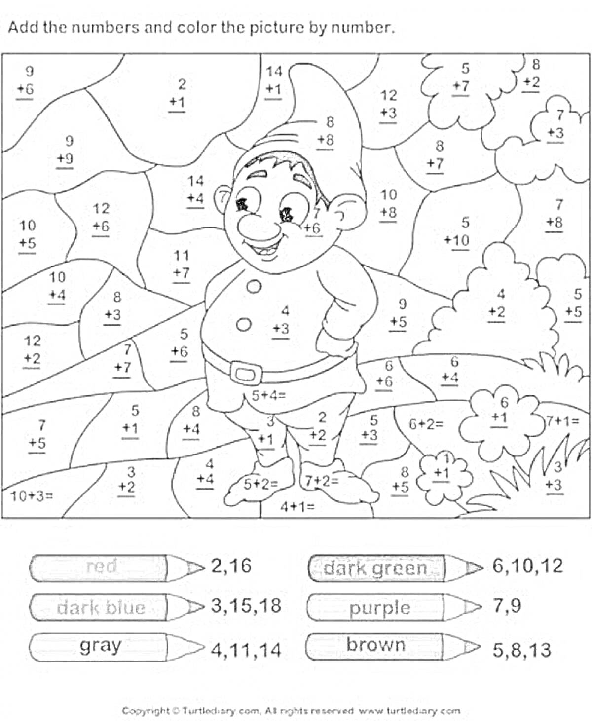 На раскраске изображено: Сложение, Цвет по номеру, Гном, Цветы, Трава, Деревья, Развивающие задания, Школьные задания