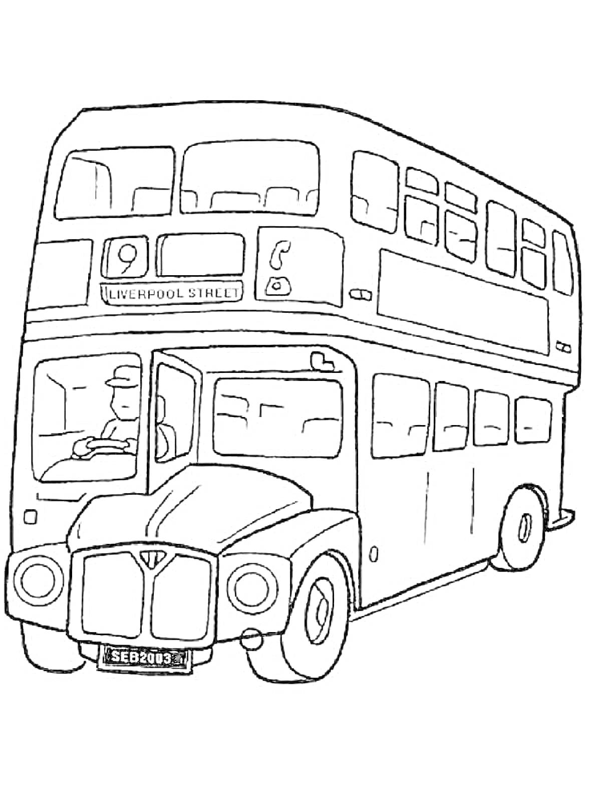 На раскраске изображено: Великобритания, Лондон, Автобус, Транспорт, Водитель