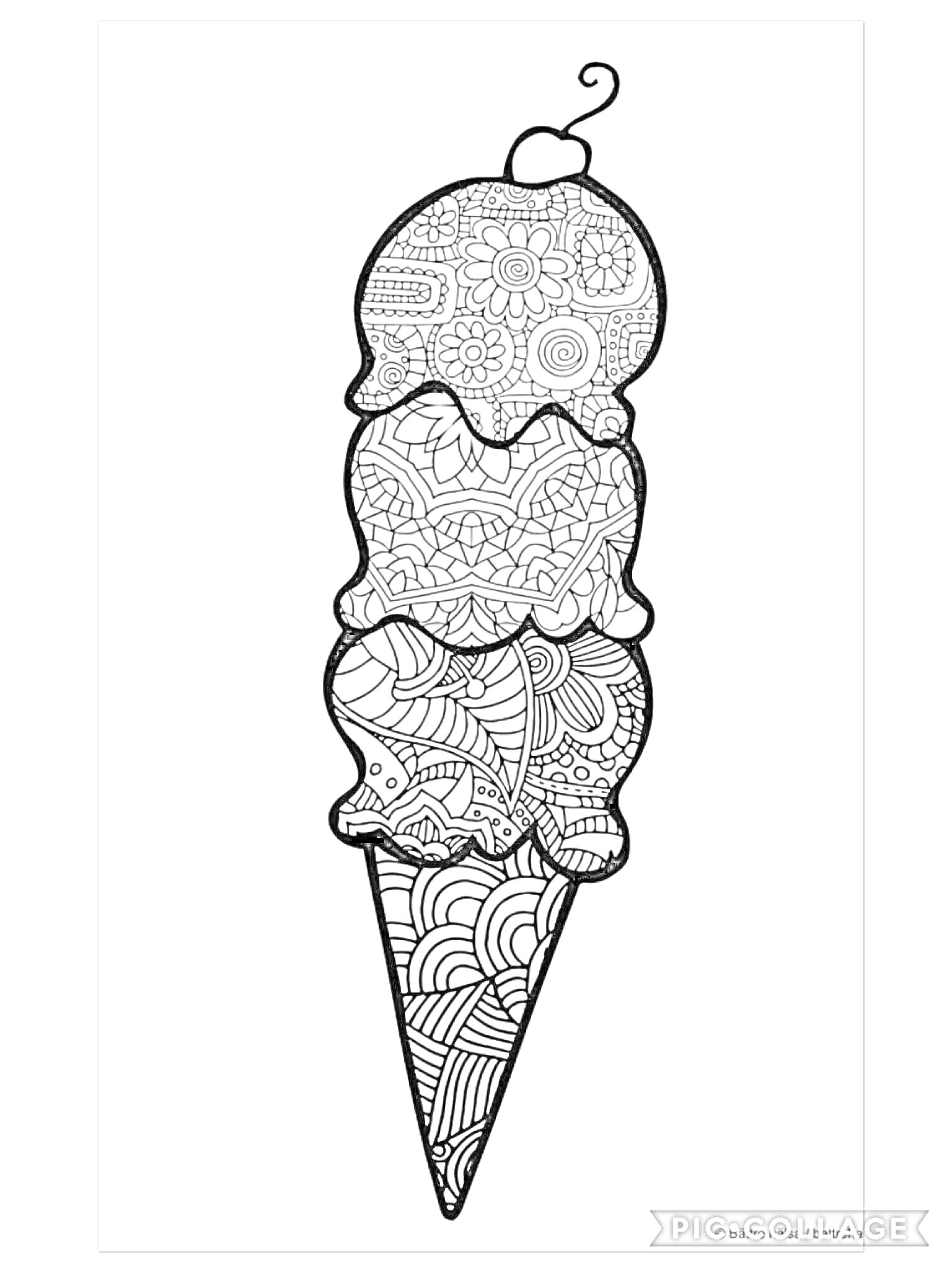 Раскраска Мороженое из трёх шариков в вафельном рожке с узорами и вишенкой
