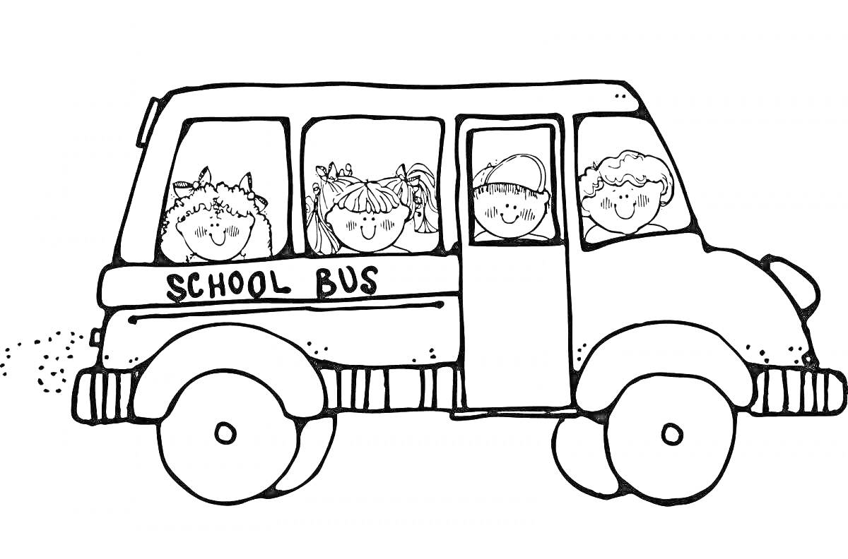 На раскраске изображено: Школьный автобус, Транспорт, Окна, Колёса