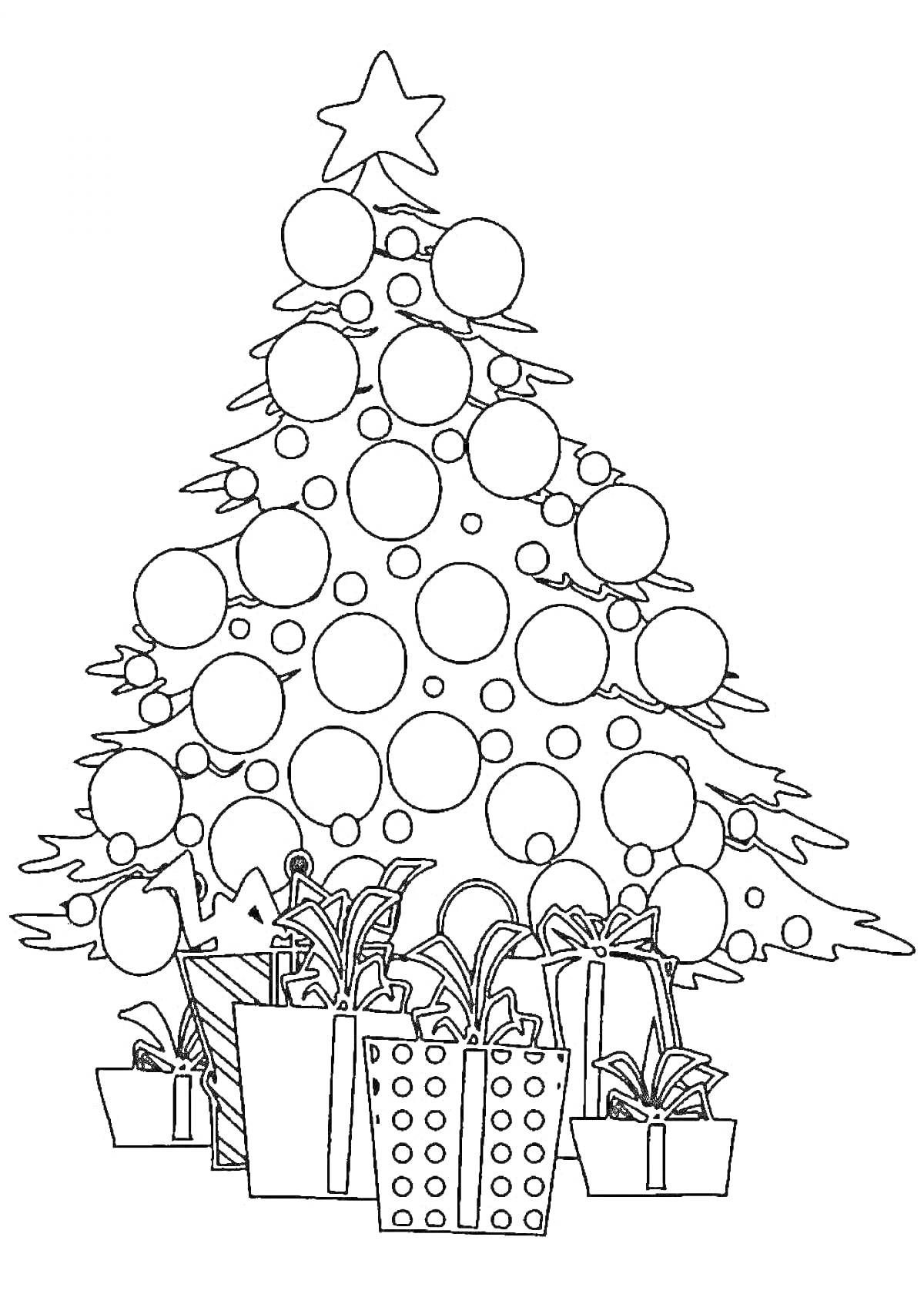 На раскраске изображено: Новогодняя ёлка, Новогодние шары, Подарки, Новый год, Украшения, Праздничное настроение, Елки, Праздники