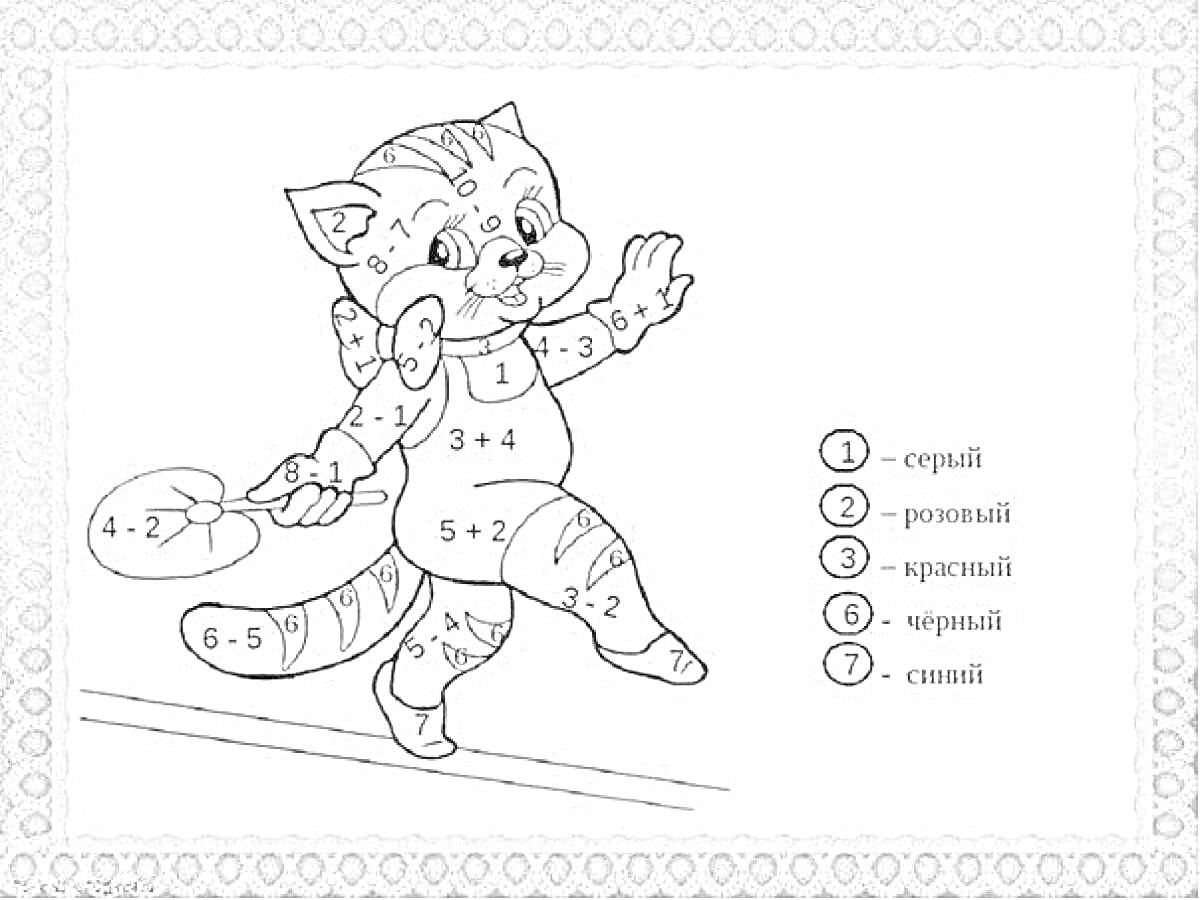 Раскраска Котенок-матрос с цифрами на теле и лапками