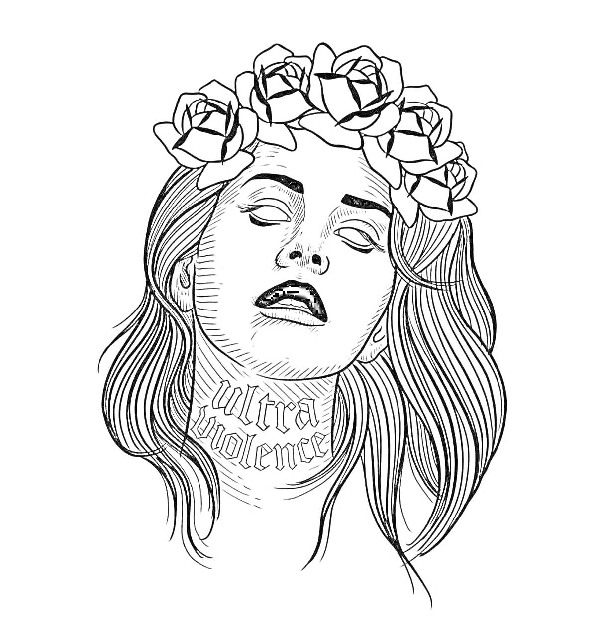 Раскраска Портрет девушки с цветами на голове и надписью 