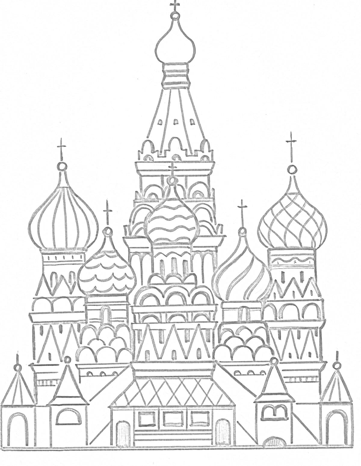 На раскраске изображено: Собор Василия Блаженного, Москва, Купола, Архитектура