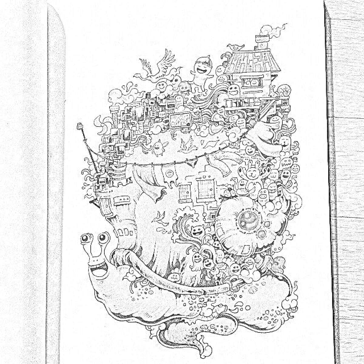 Раскраска Улитка, домик, одно большое и одно маленькое дерево, множество причудливых лиц и объектов