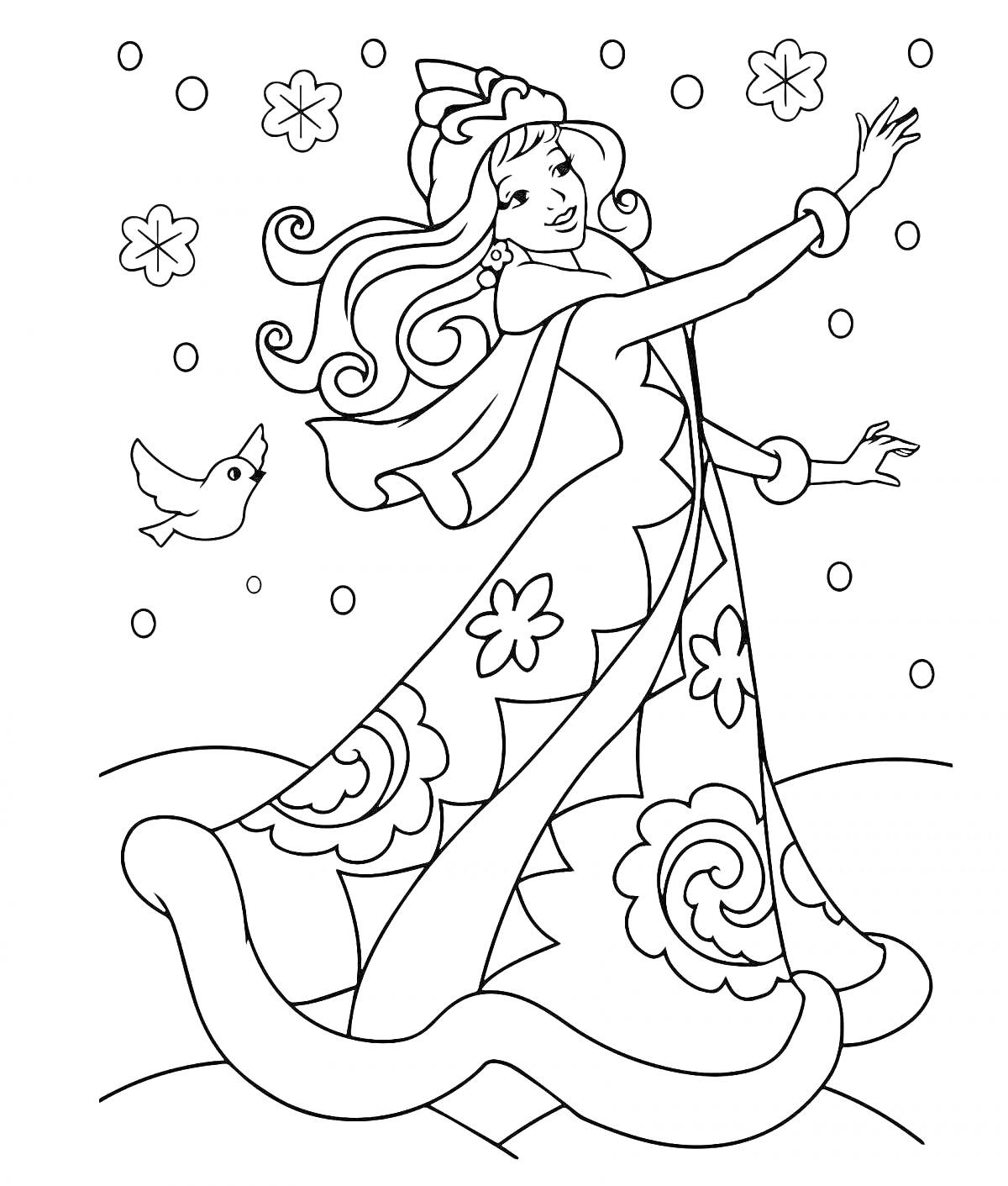 Раскраска Снегурочка с вытянутой рукой, узоры на платье, и снегопад с цветами, птица