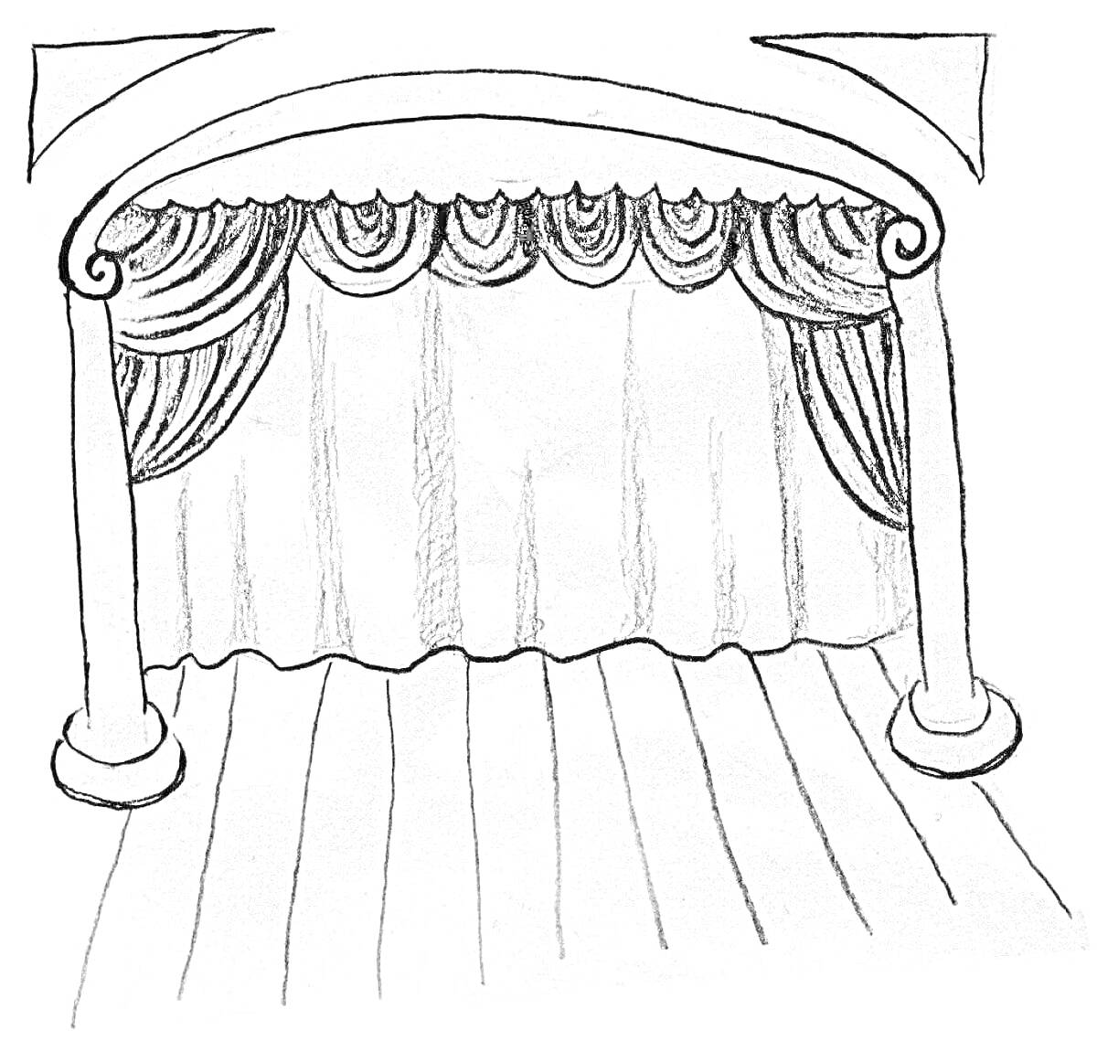 Раскраска Сцена с занавесом и декорациями