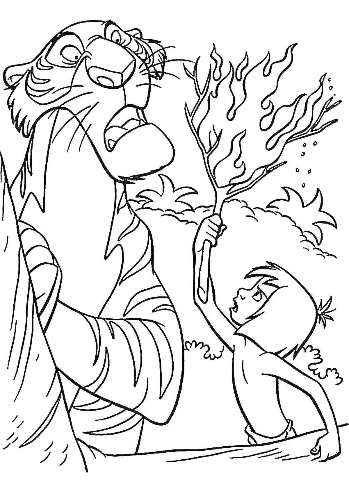 Раскраска Человек с огненной веткой и тигр в джунглях