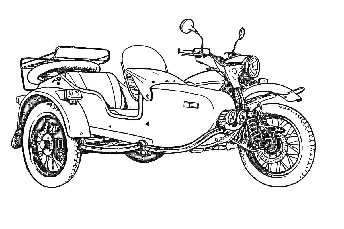 Раскраска Урал мотоцикл с коляской, с зеркалами, фарой, подножкой и сиденьем
