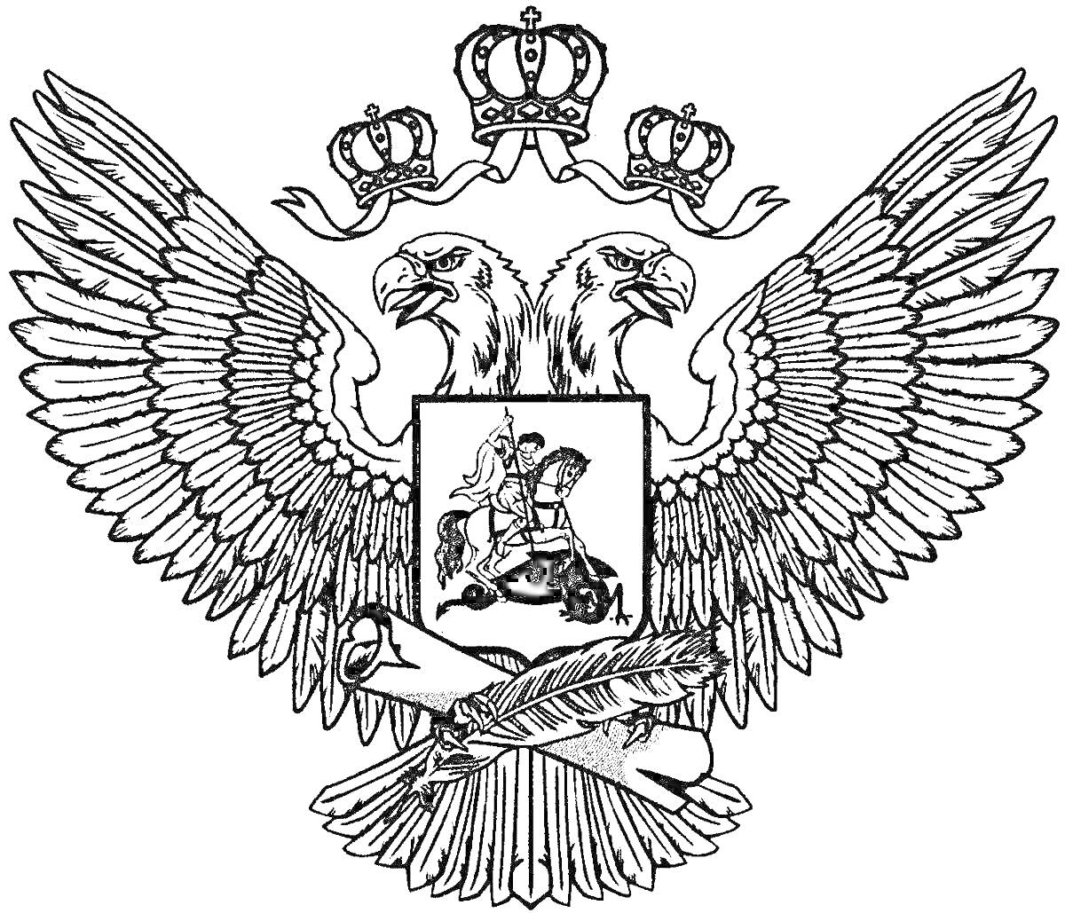 РаскраскаГерб города Орла с двумя орлами, три короны, всадник с копьем на щите, свиток с пером