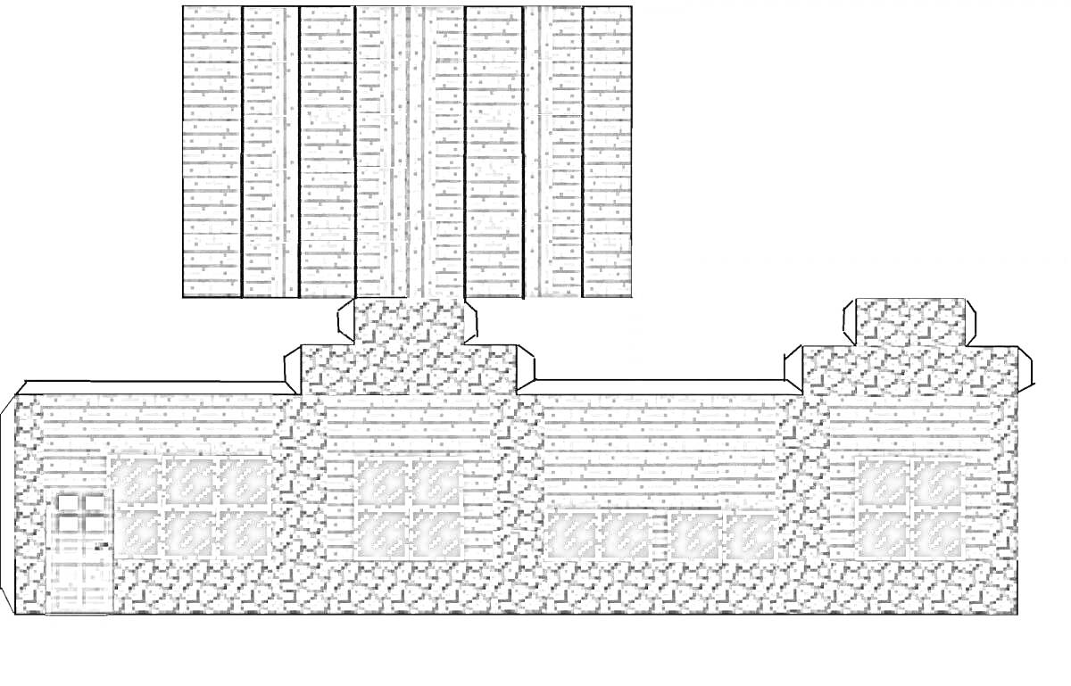 Раскраска Дом из камня и дерева с окнами и дверью