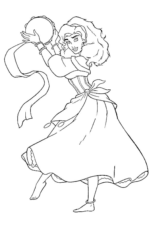 Раскраска Девушка с бубном, танцующая в длинном платье