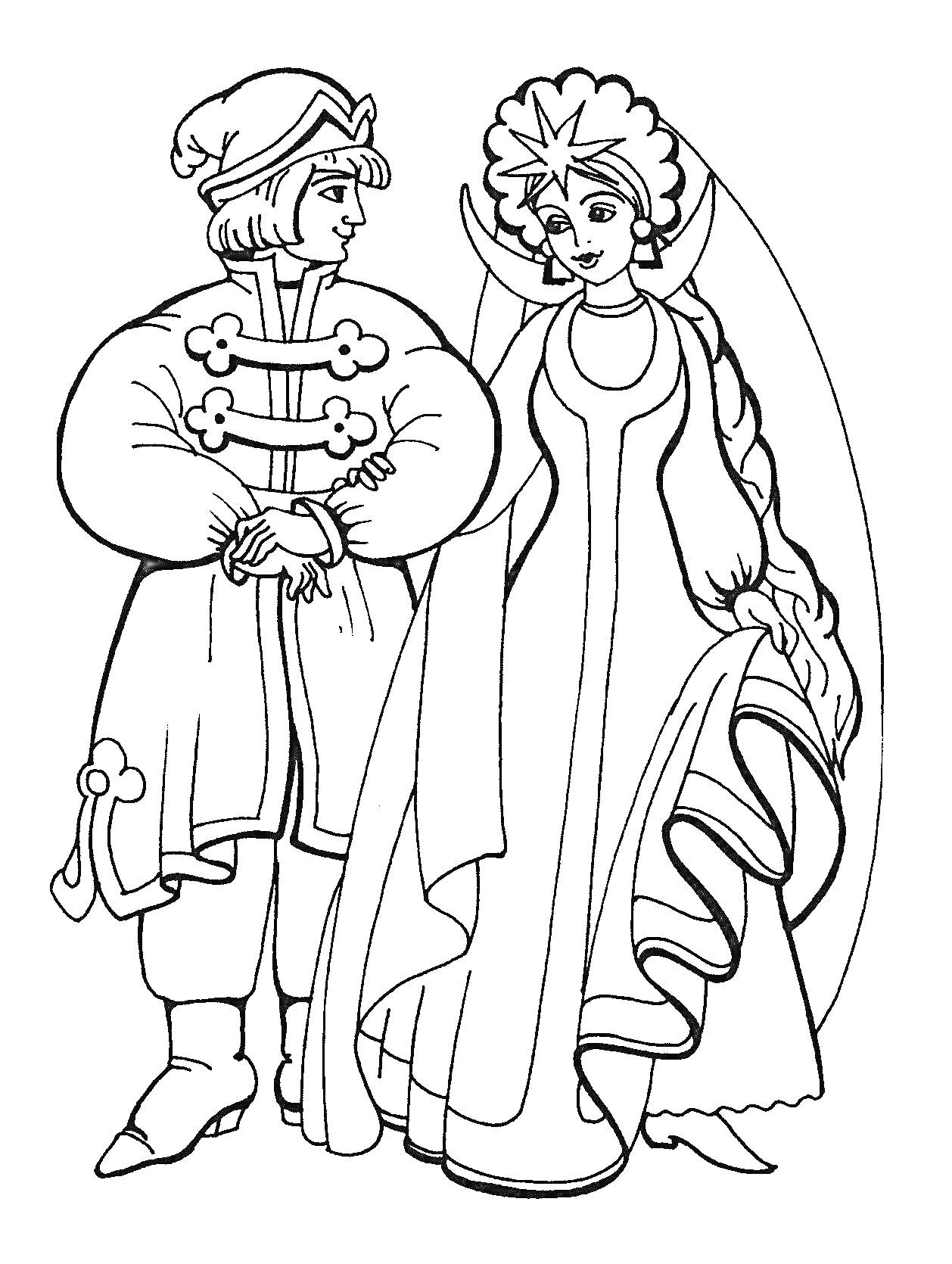На раскраске изображено: Корона, Платье, Молодой человек, Традиционная одежда, Пара, Сказочные персонажи, Царевна Лягушка