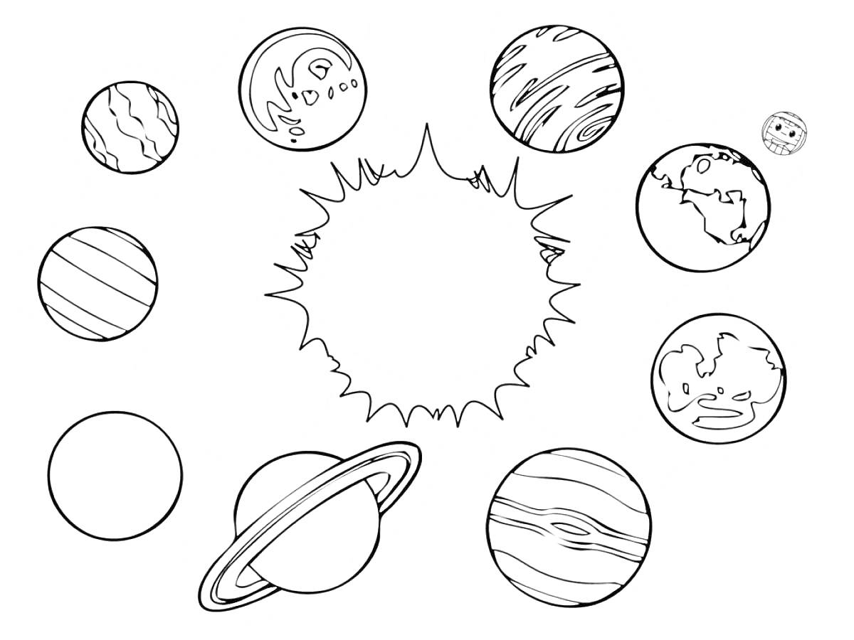 На раскраске изображено: Солнечная система, Солнце, Планеты, Космос, Земля, Сатурн, Марс, Юпитер, Нептун, Уран, Венера, Меркурий, Плутон, Астрономия, Наука