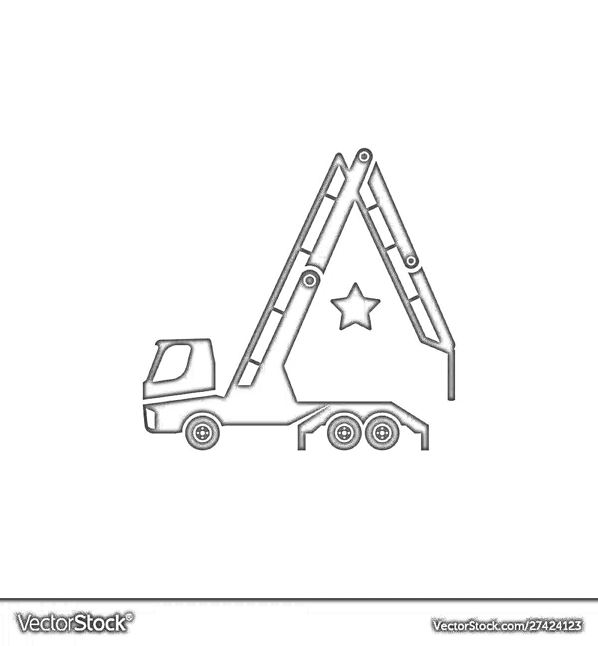 Раскраска Грузовик-бетононасос с подъемной стрелой и звездой