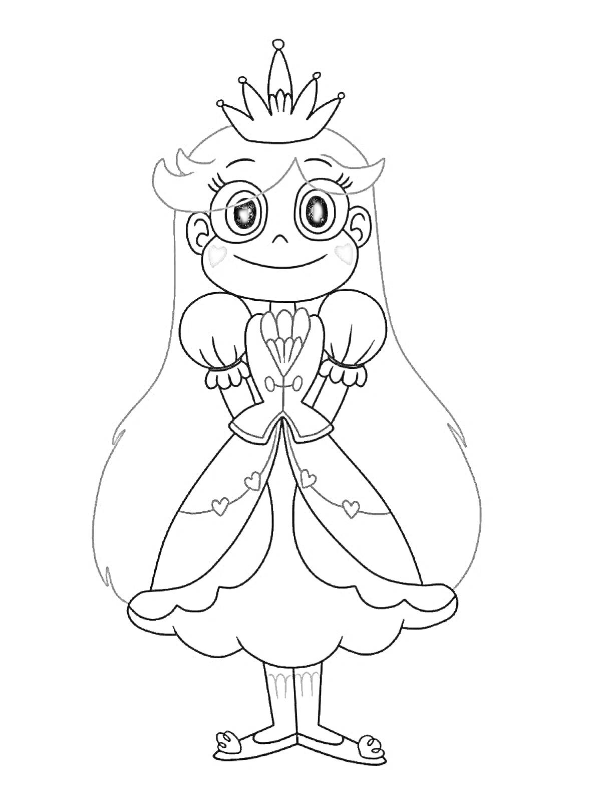 На раскраске изображено: Принцесса, Корона, Длинные волосы, Платье, Девочка