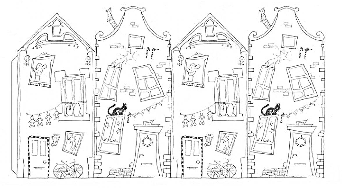 Четыре дома с окнами, дверьми, кошками, картинками в рамках, велосипедами, и украшениями на стенах