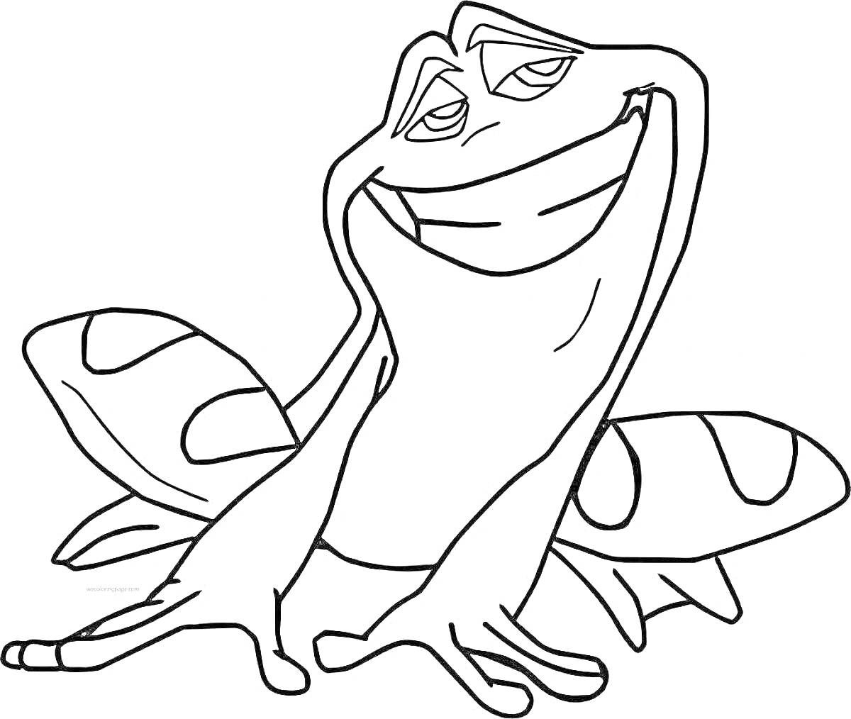 На раскраске изображено: Мультяшная лягушка, Улыбка, Расслабленная поза, Лягушки