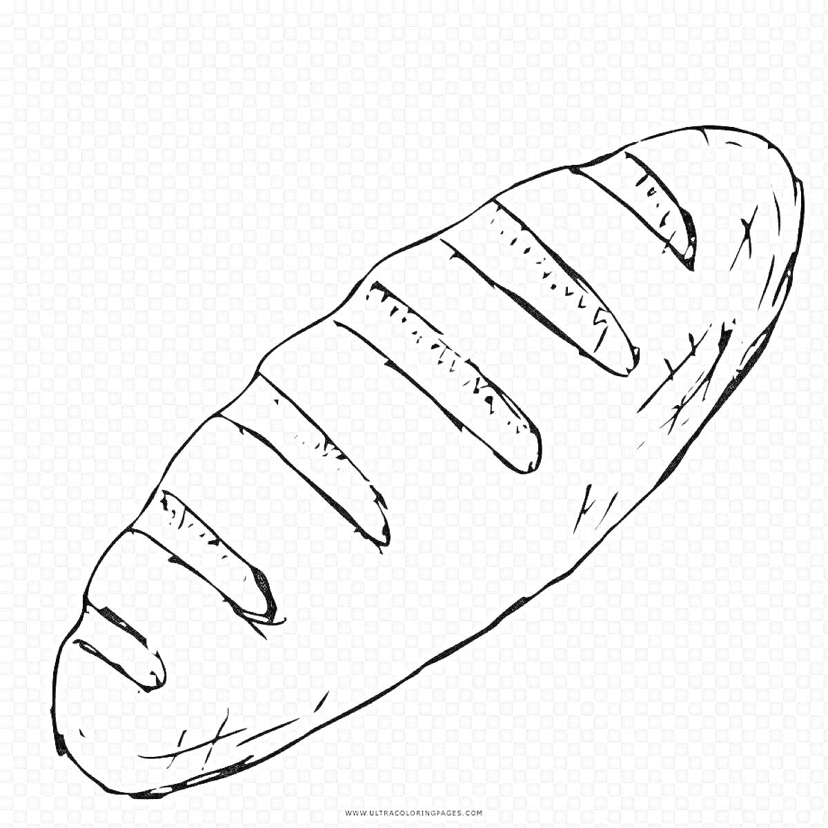На раскраске изображено: Батон, Хлеб, Надрезы, Еда, Выпечка, Мука
