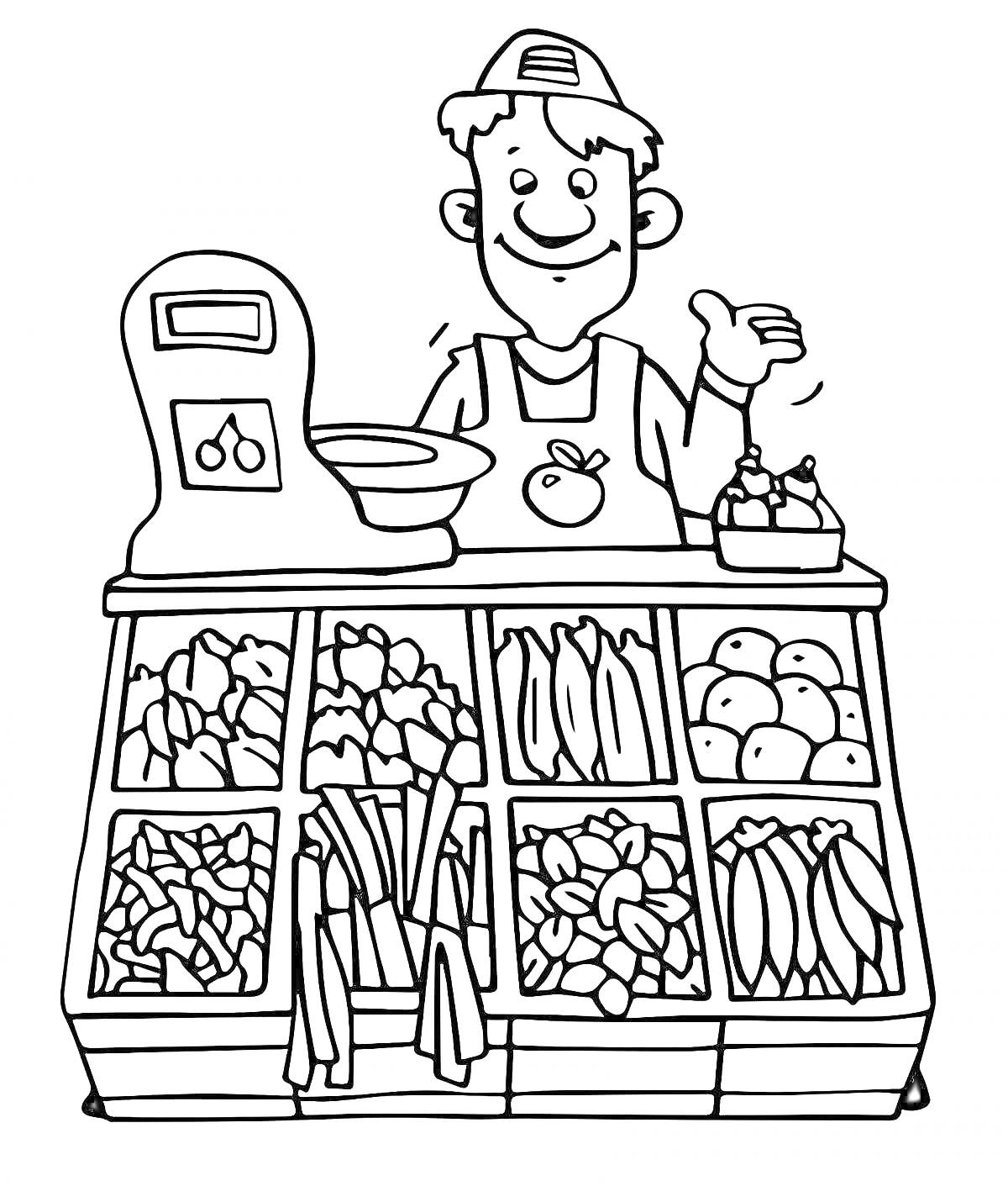 На раскраске изображено: Продавец, Прилавок, Весы, Овощи, Магазин, Для детей, Профессия