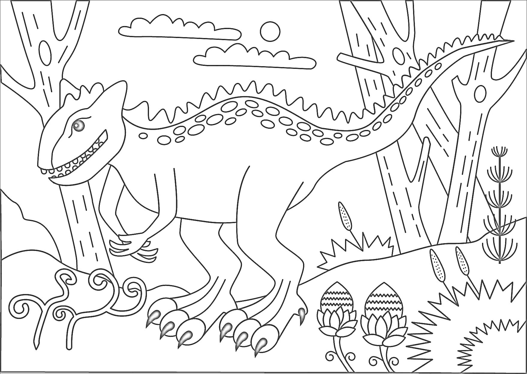 Раскраска Карнозавр в лесу с растениями