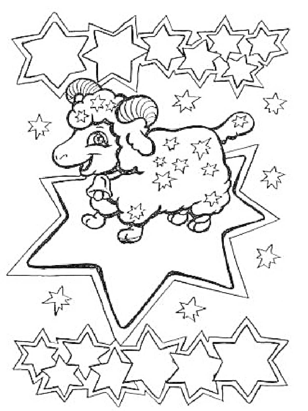 Раскраска Овен с звездами Элементы: овен, звезды различных размеров