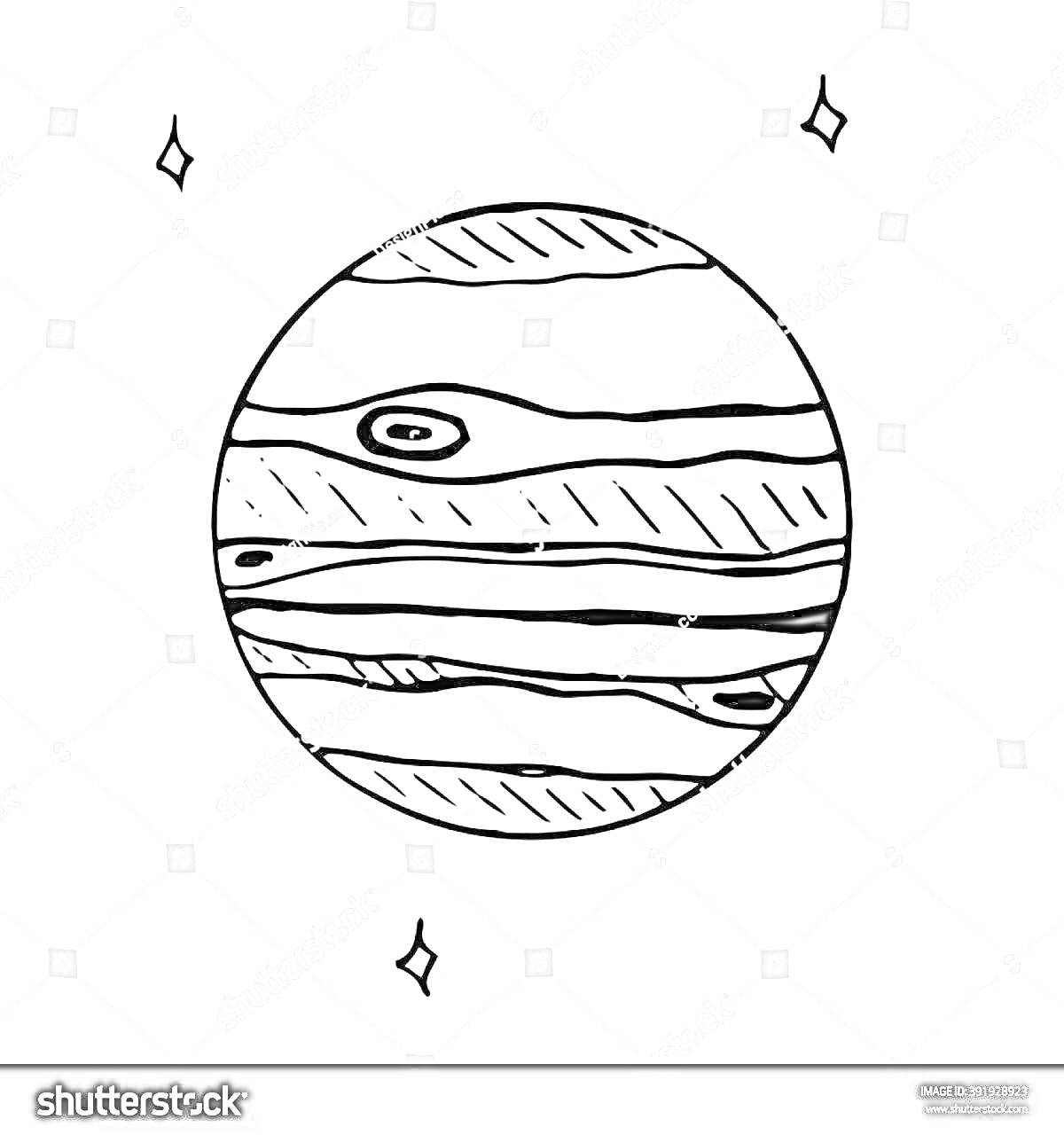 Раскраска Юпитер с полосами и пятном, четыре звезды на заднем фоне