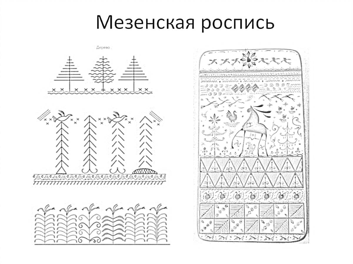 Мезенская роспись: ёлочки, птицы, конь, геометрические узоры