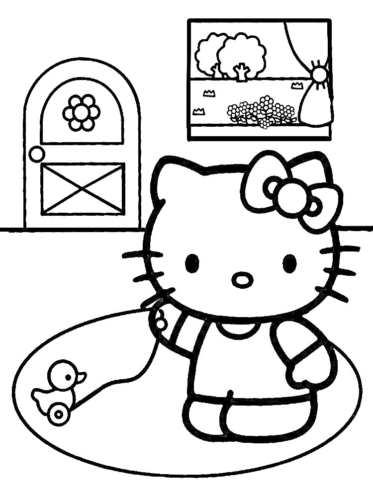 Раскраска Китти с игрушечной уткой в комнате с окном и дверью