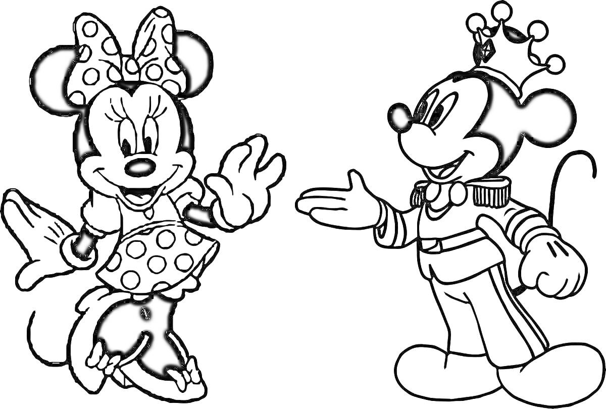 Раскраска Микки Маус и Минни Маус, Минни в платье с бантом и горошек, Микки в наряде принца с короной