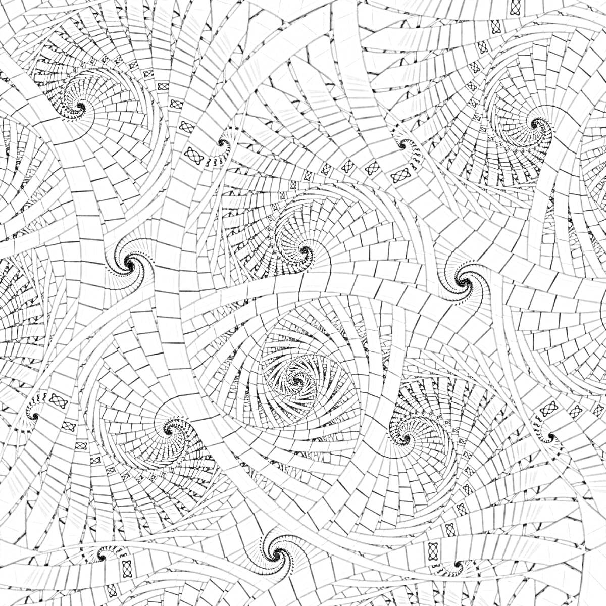 Раскраска Спиральные фракталы с узорными элементами и клетчатыми узорами