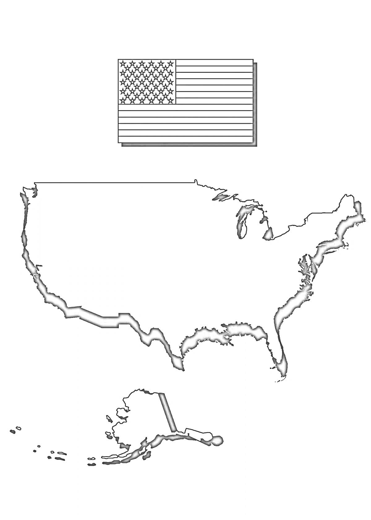 карта США с изображением штатов, включая Аляску и Гавайи, и флаг США