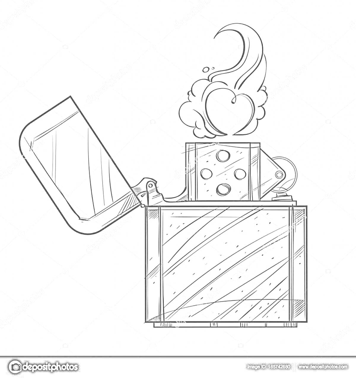 Раскраска Зажигалка с открытой крышкой и пламенем