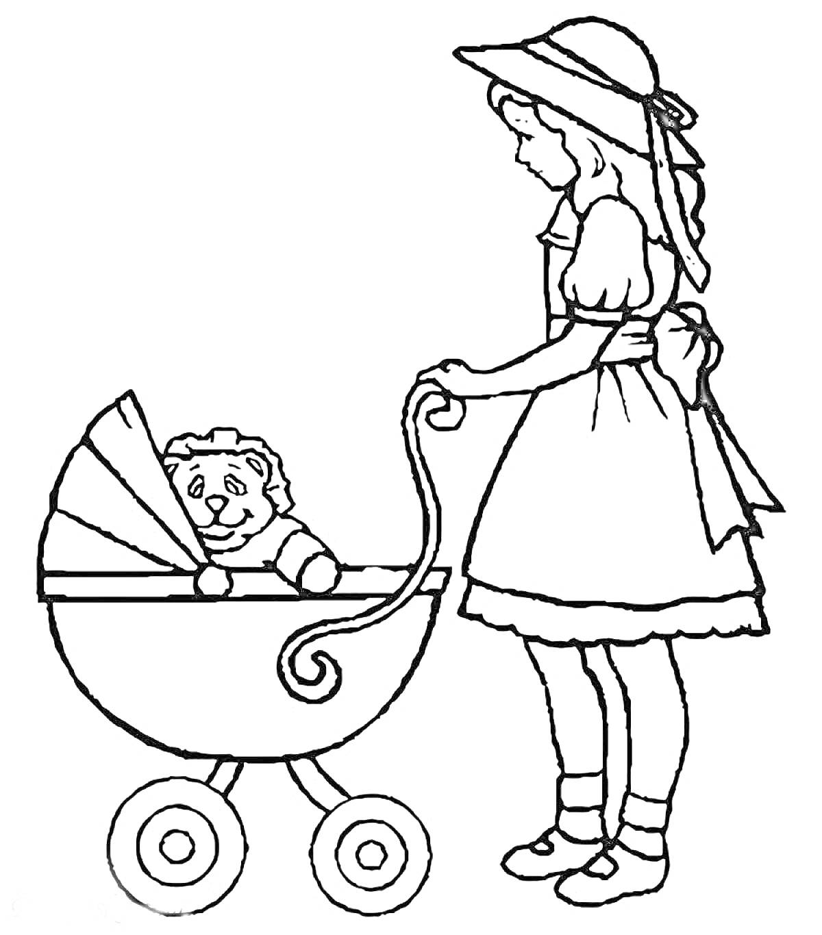 Раскраска Девочка в шляпе катит коляску с ребенком