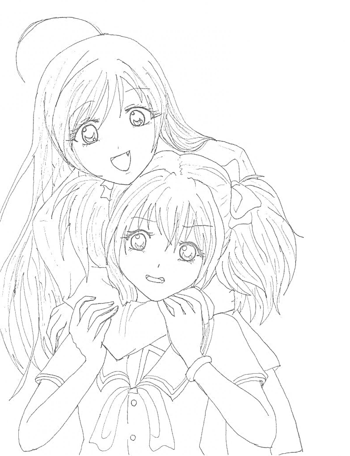 Раскраска Две аниме-девушки, одна с длинными волосами и шляпой, другая с хвостиками и бантом, в школьной форме, обнимаются