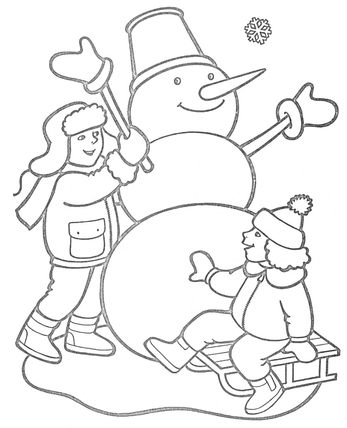 Раскраска Дети лепят снеговика, один ребёнок на санках, снежинка, зима