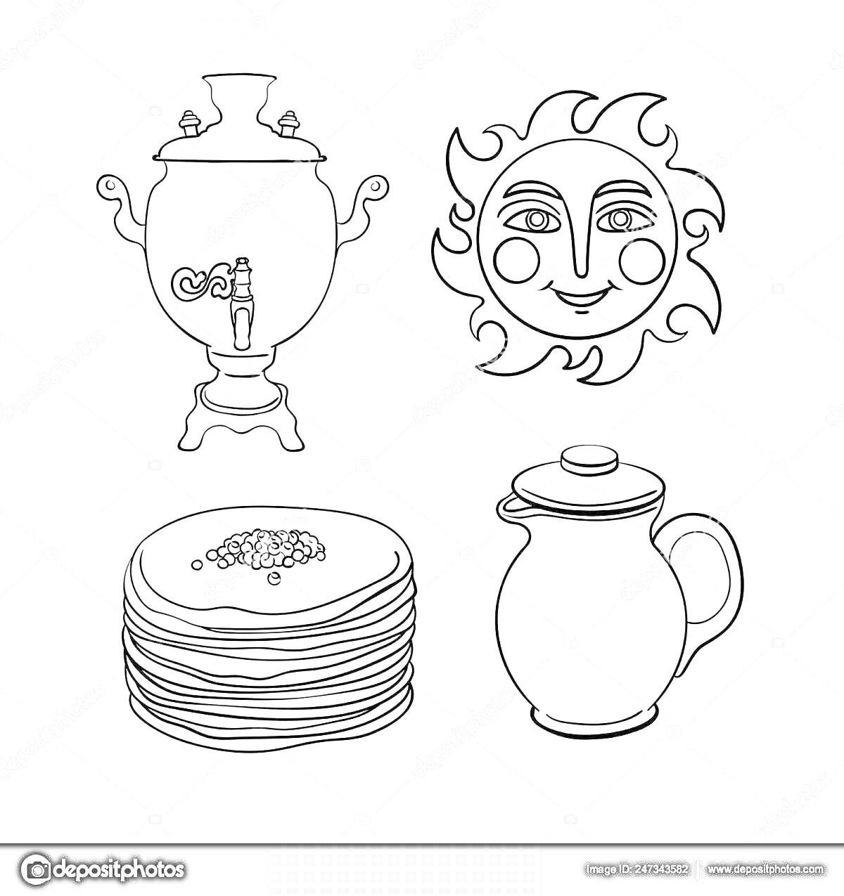 На раскраске изображено: Самовар, Масленица, Чай, Традиции