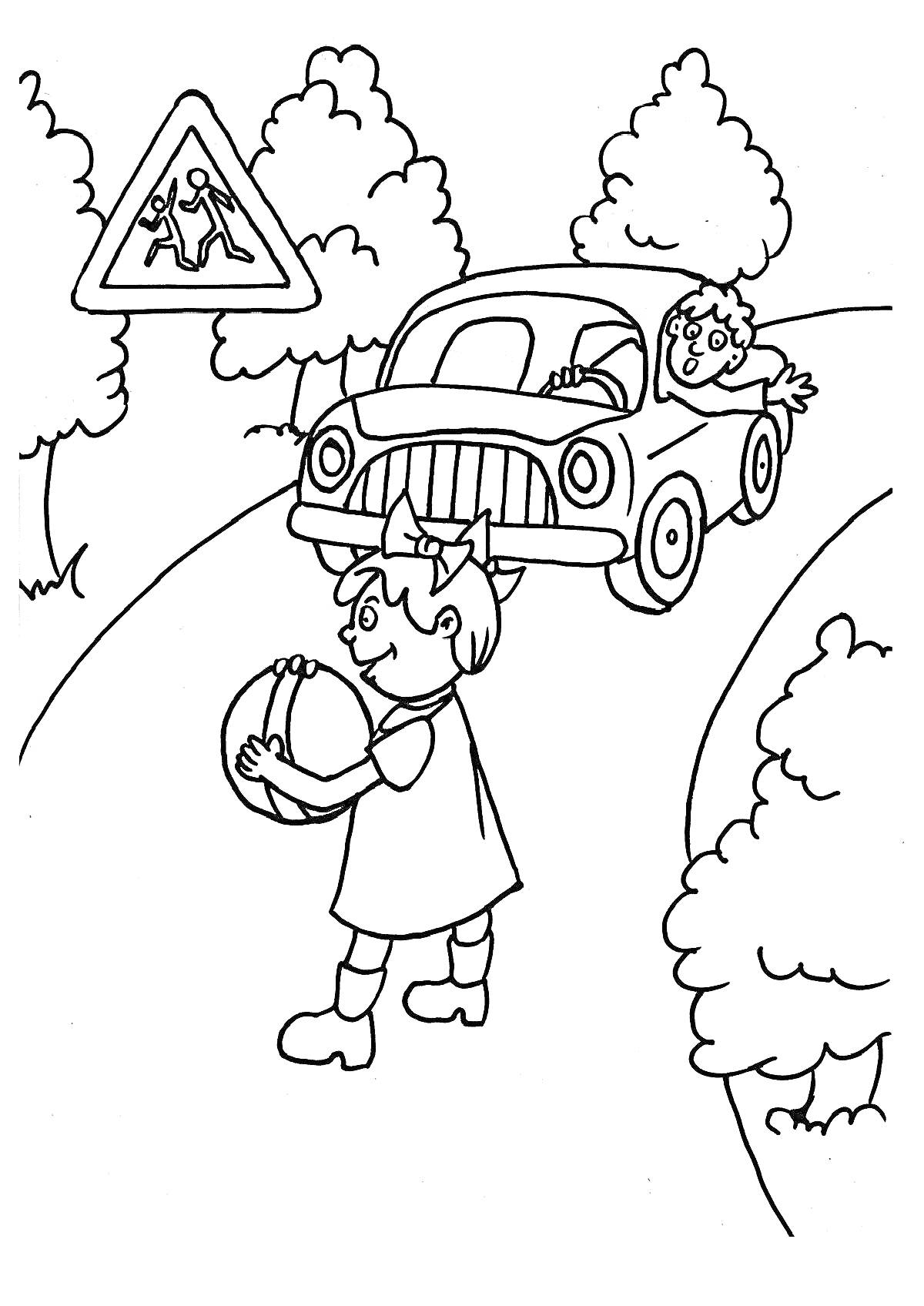 Раскраска Ребенок с мячом на дороге и автомобиль, водитель автомобиля, дорожный знак 