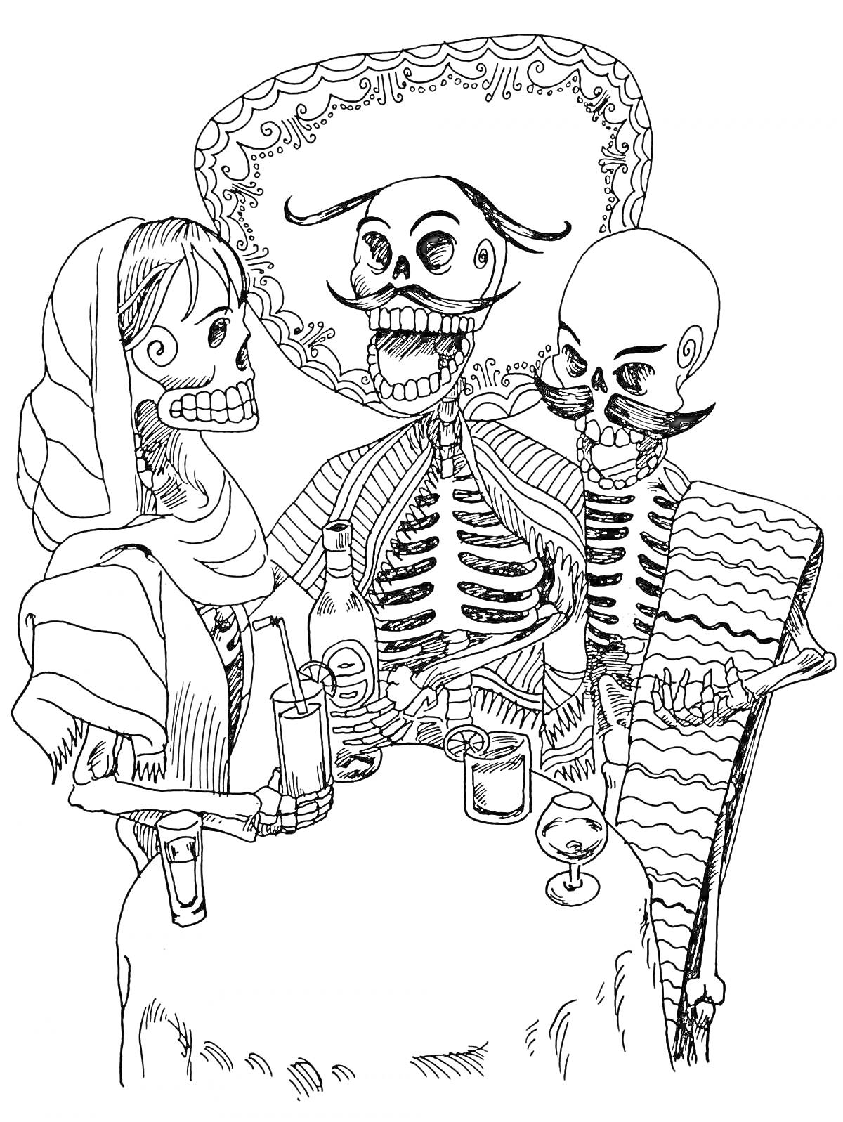 РаскраскаТри скелета в праздничной одежде за столом с напитками