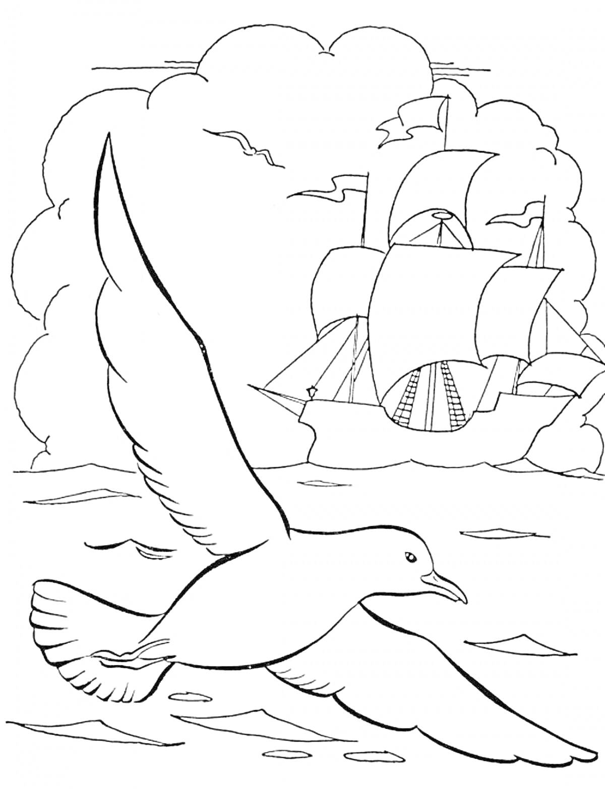 На раскраске изображено: Корабль, Паруса, Облака, Море, Природа