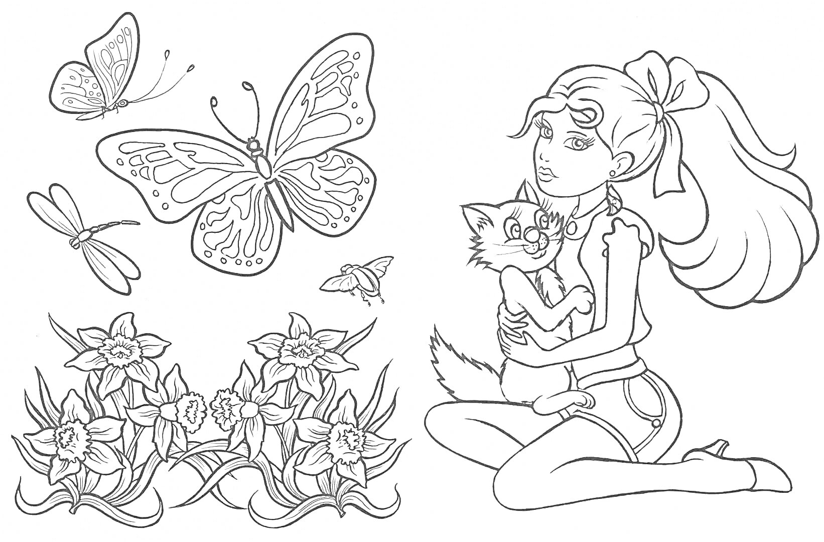 Раскраска Девочка с кошкой, бабочки, стрекоза, цветы