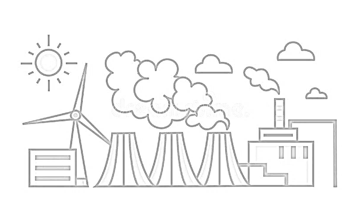 На раскраске изображено: Электростанция, Турбина, Дым, Облака, Солнце, Здание, Промышленность, Энергия