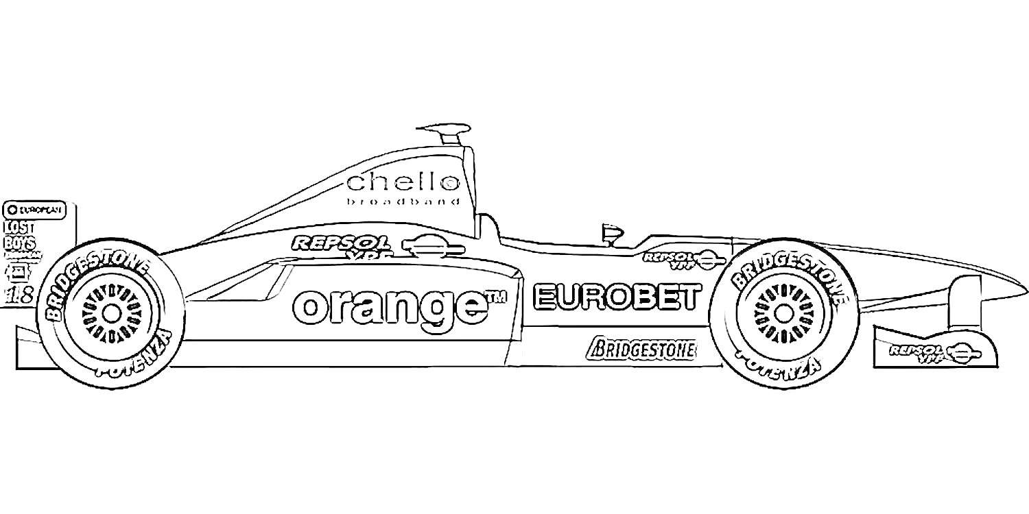 На раскраске изображено: Формула 1, Гоночный автомобиль, Болид, Спорт, Реклама, Orange
