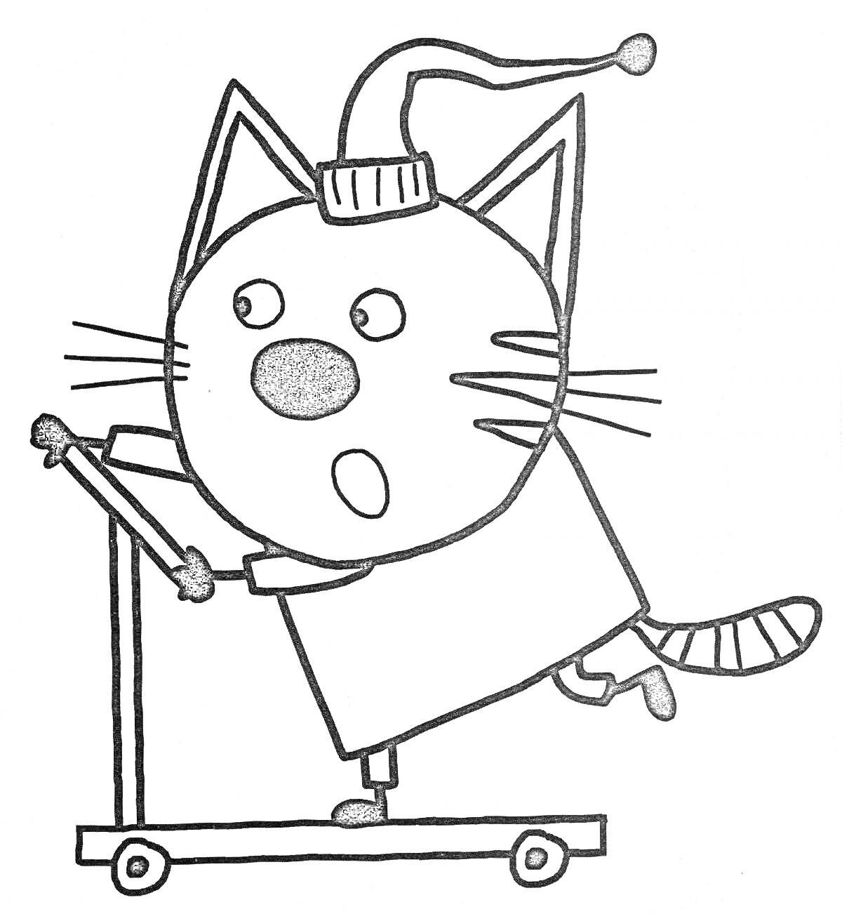 На раскраске изображено: Шапка, Самокат, Три кота, Транспорт, Игра, Для детей, Кот, 4-5 лет