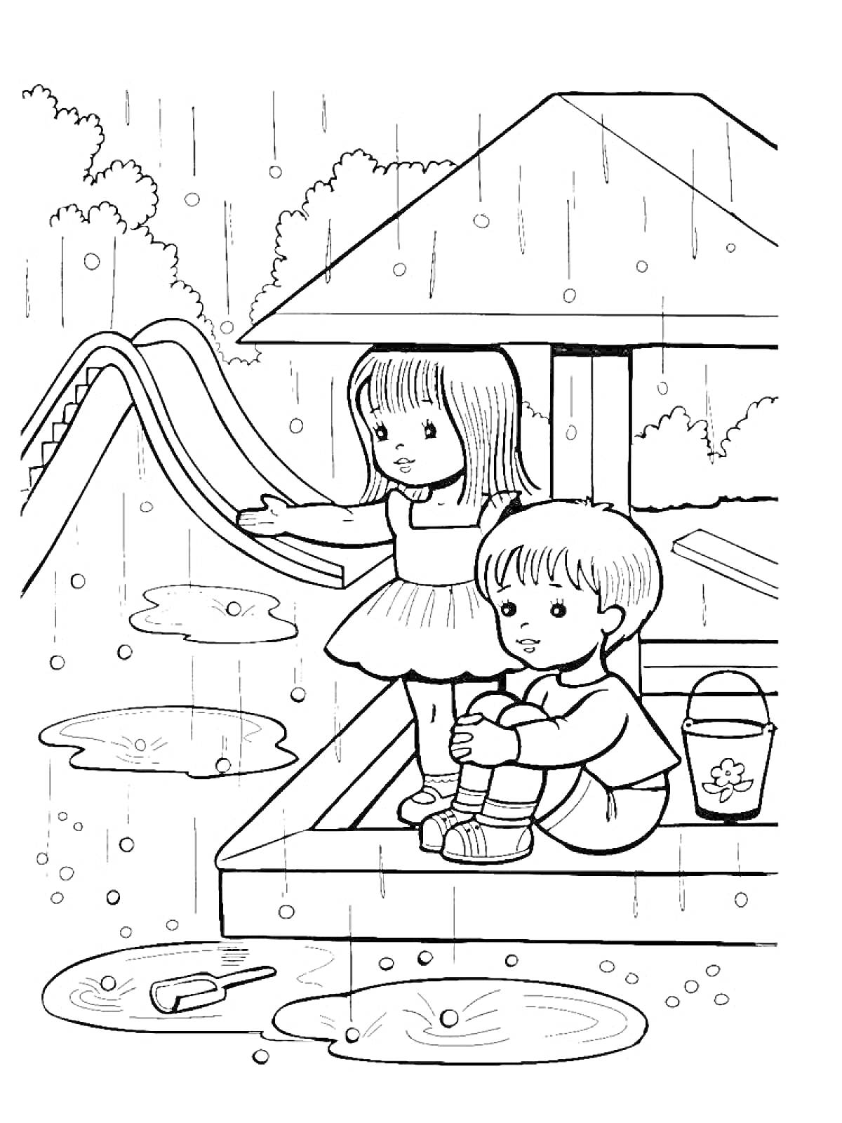 Раскраска Дети в песочнице на крытой площадке во время дождя. На заднем плане видна горка. На переднем плане лужи с игрушками.