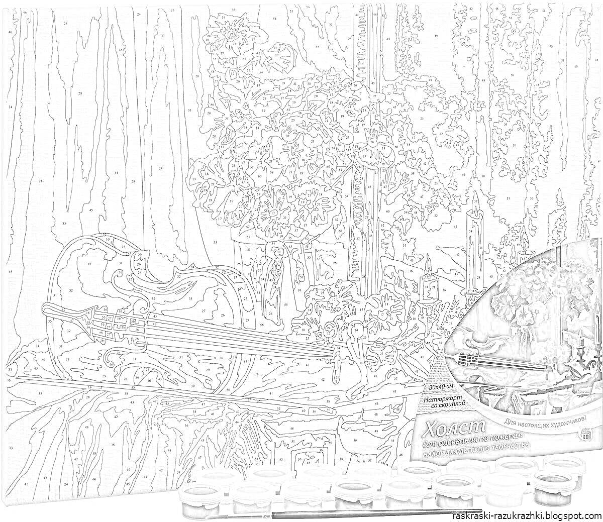 Раскраска Лесной пейзаж с деревьями, мостиком и прудом