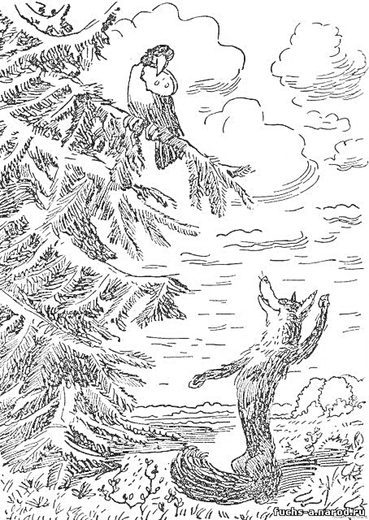 Ворона на дереве с куском сыра и лисица внизу