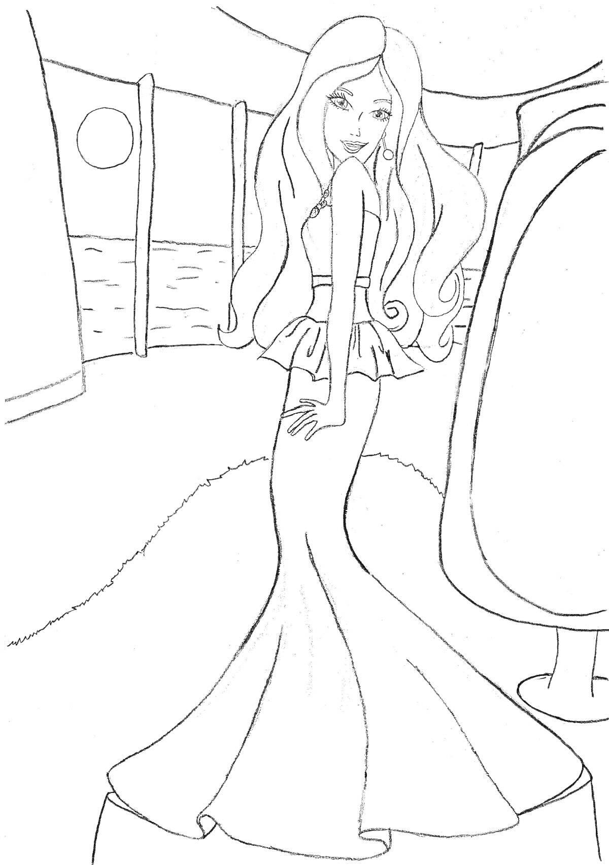 На раскраске изображено: Вид из окна, Море, Закат, Длинные волосы, Интерьер