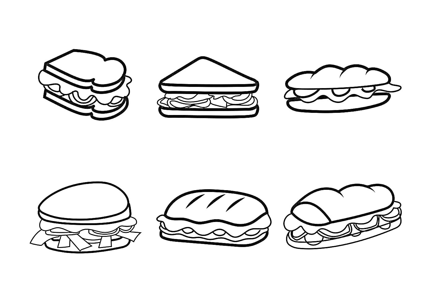 Раскраска Раскраска с шестью видами сэндвичей: прямоугольный сэндвич с листьями салата и помидорами, треугольный сэндвич с нарезанными огурцами и листьями салата, прямоугольный багет с листьями салата и нарезанными огурцами, овальный сэндвич с листьями салата и лом